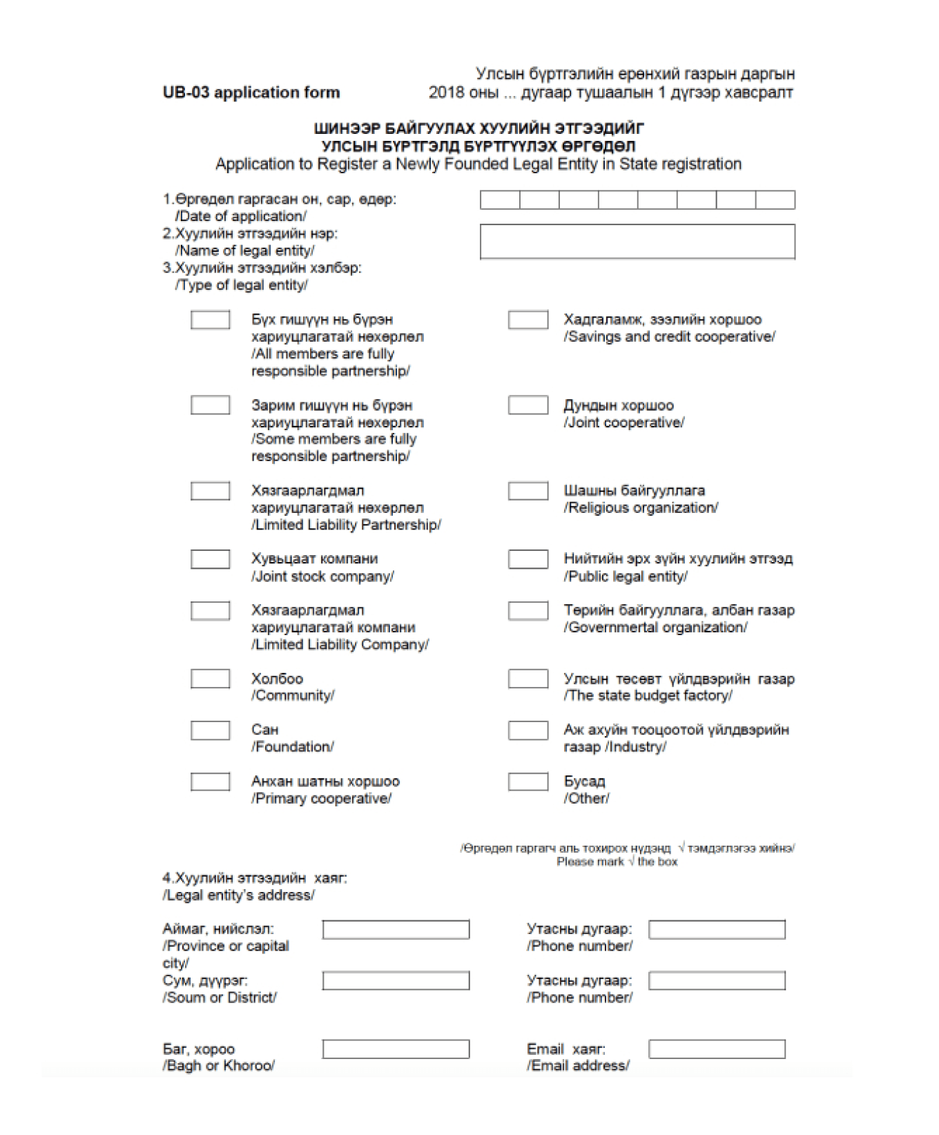 Пример формы для регистрации юрлица в Монголии