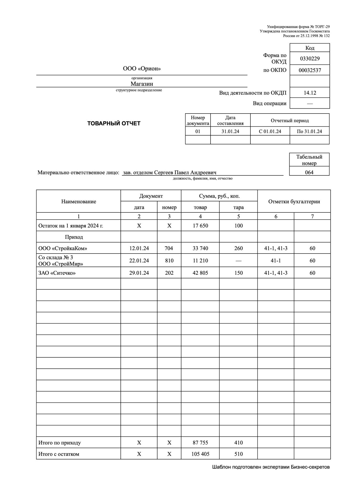 Товарный отчет по форме ТОРГ-29 — образец