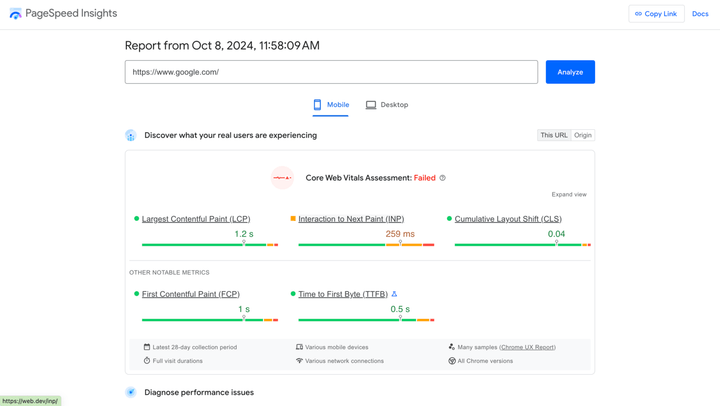 Демонстрация анализа PageSpeed Insights